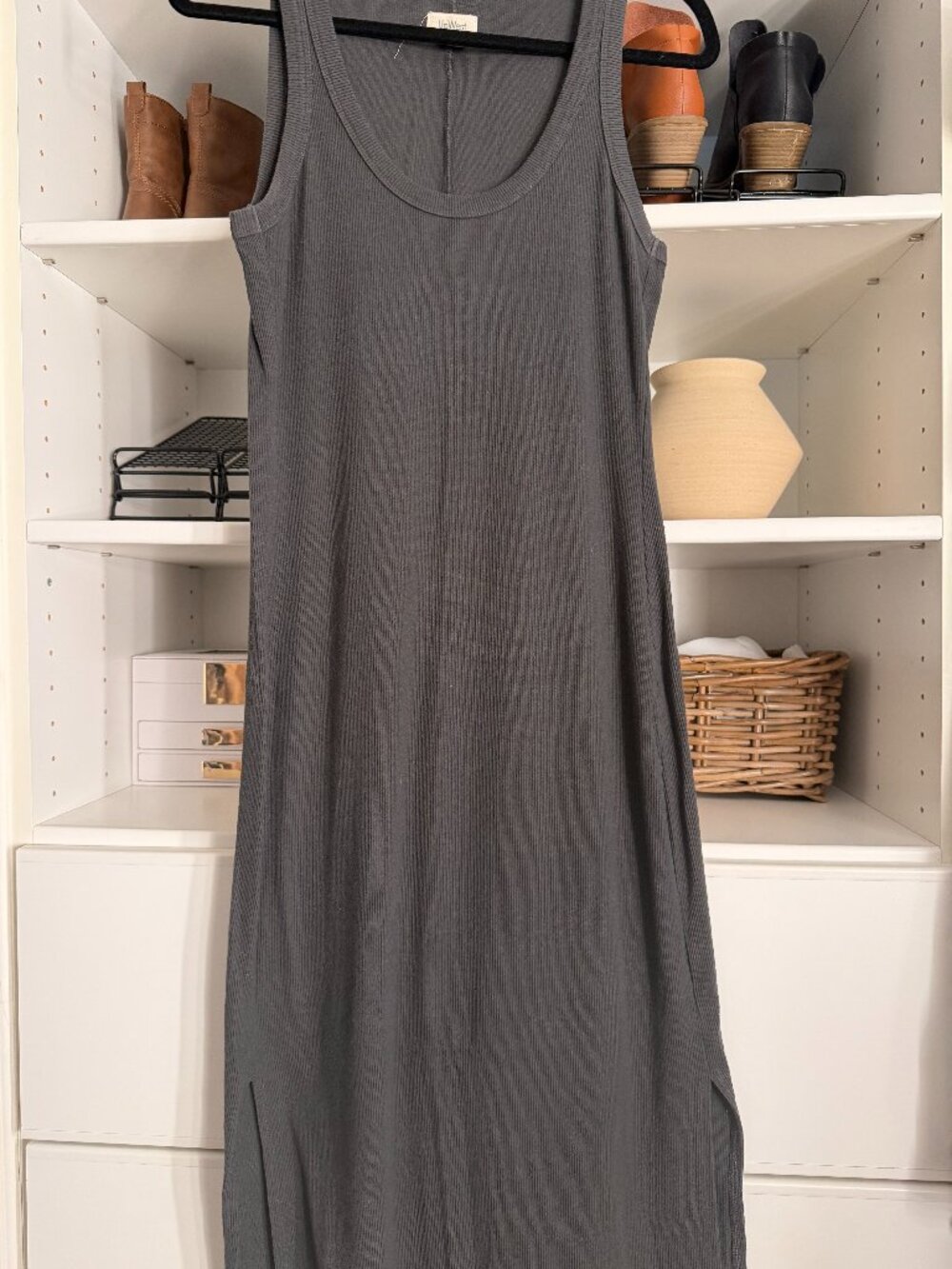 UpWest Charcoal Ribbed Scoop Neck Tank Maxi Dress Side, Slits, Size M